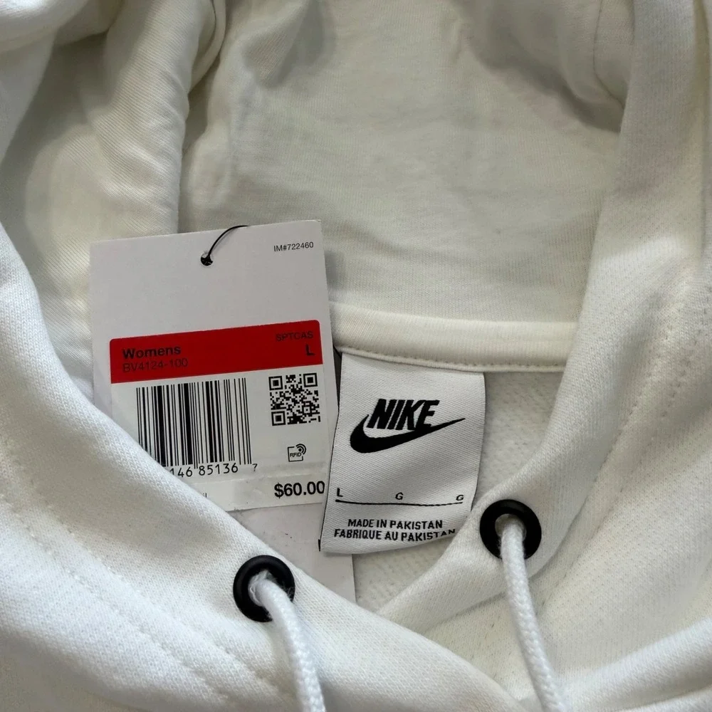 Nike Sportswear Pullover Hoodie Womens L White Fleece Sweatshirt BV4124 100